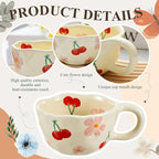 Vesici 2 Pcs Ceramic Coffee Mugs Flower Cups with Spoon Vintage Floral Mugs with Handle 8.5 oz Aesthetic Tea Porcelain Cup Gift for Valentine Office Home, Dishwasher and Microwave Safe(Cherry)