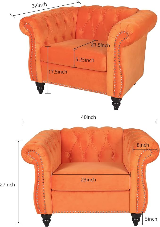 ORRD 2 Piece Living Room Set, Velvet Chesterfield Sofa Couch Chair - Image 2