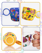 Ceramic Mini Espresso Cups Set of 2 – 3 oz Double Espresso Coffee Cups with Q Handle, Yellolw Floral and fruit Pattern, Small Espresso Shot Cups for Home Coffee Bar,Lungo