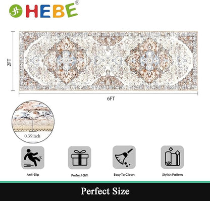 HEBE Hallway Runner Rug 2'x6', Washable Non Slip Kitchen Rug Runner | Soft Boho - Image 2