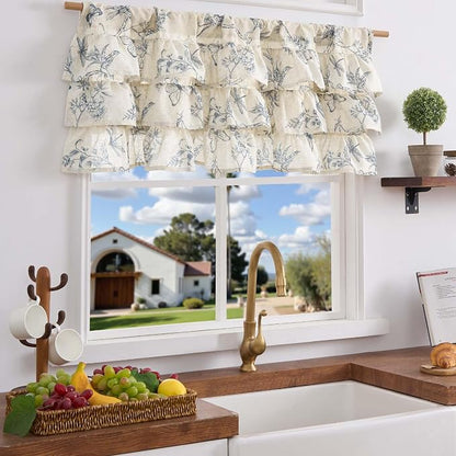 jinchan Ruffled Valance Curtain Linen Floral Kitchen Valance 18 Inch Shabby - Image 2