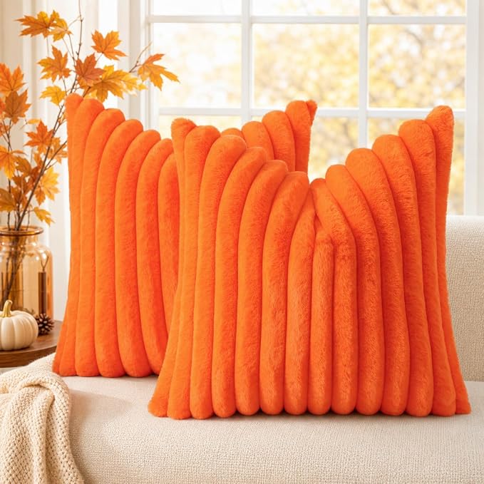 decorUhome Fall Faux Fur Throw Pillow Covers 26x26 Set of 2 Orange | Decorative by decorUhome