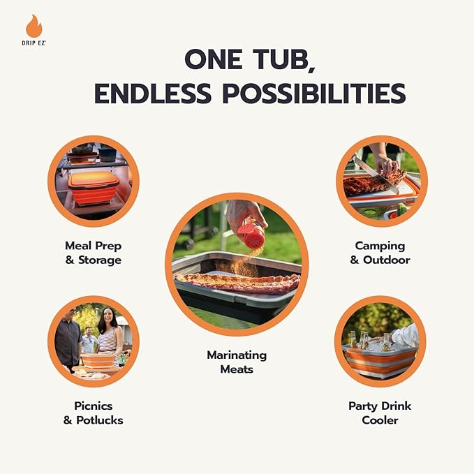 Drip EZ Collapsible BBQ Prep Tub - For Meal Prep Marinating Food Storage - Includes Cutting Board & Locking Lid - (1) XL - Orange