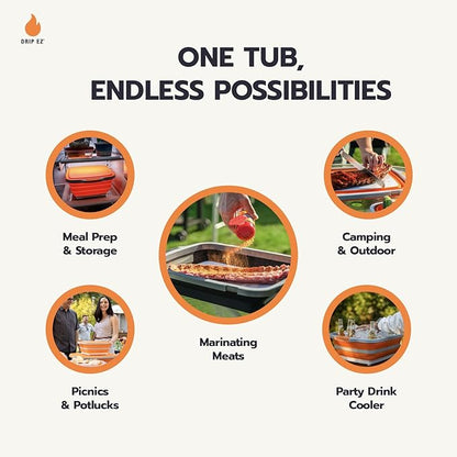 Drip EZ Collapsible BBQ Prep Tub - For Meal Prep Marinating Food Storage - Includes Cutting Board & Locking Lid - (1) XL - Orange