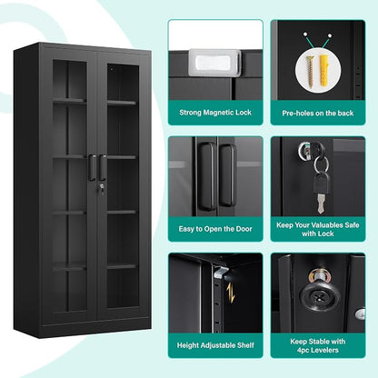 Metal Storage Cabinet with Lock and Glass Doors, Glass Display Cabinet - Image 5
