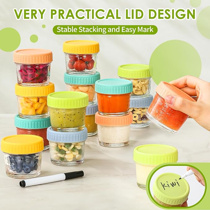 DRKIO 20 Pack Glass Baby Food Storage Containers 4 Oz Baby Food Jars with Lids Baby Food Maker Microwave Dishwasher Freezer Safe 100% Leak-Proof BPA Free