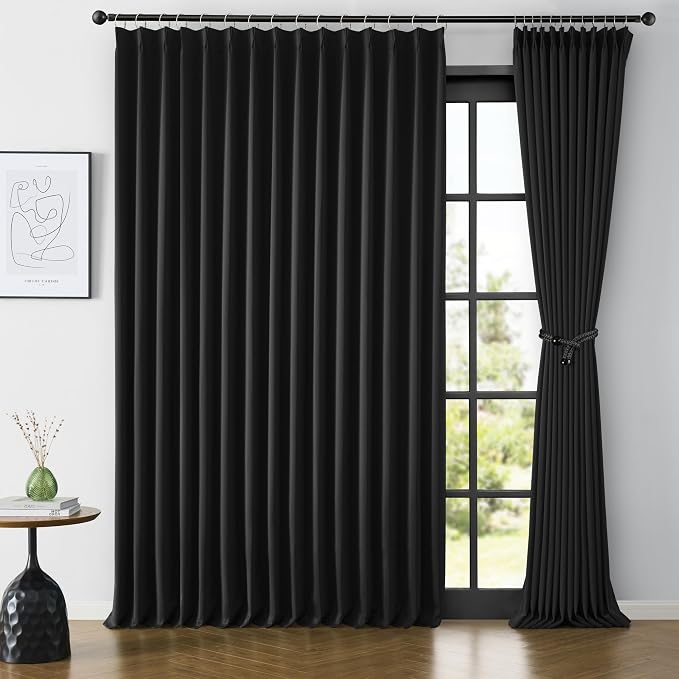 Extra Wide Black Pinch Pleated Curtains 100 x 90, Thermal Insulated Noise by KEQIAOSUOCAI
