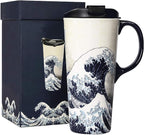 Topadorn Ceramic Travel Mug Porcelain Coffee Cup with Spill-proof Lid and Box, 17 Oz.