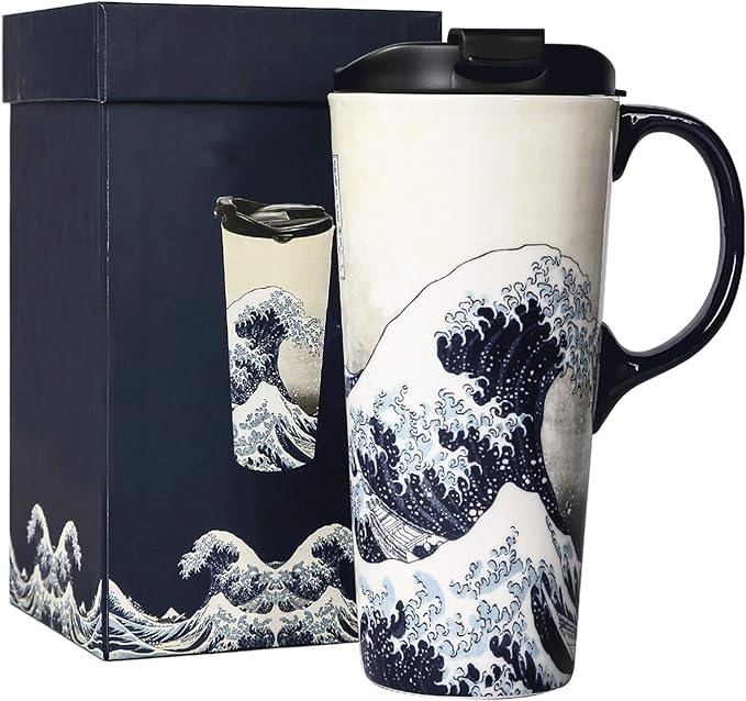 Topadorn Ceramic Travel Mug Porcelain Coffee Cup with Spill-proof Lid and Box, 17 Oz.
