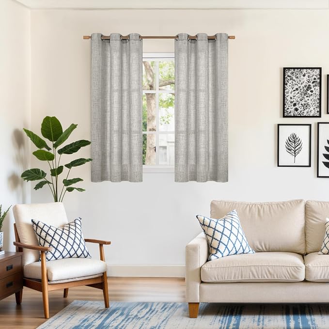 YoungsTex Dark Grey Linen Semi Sheer Curtains 45 Inch Length 2 Panels | - Image 2