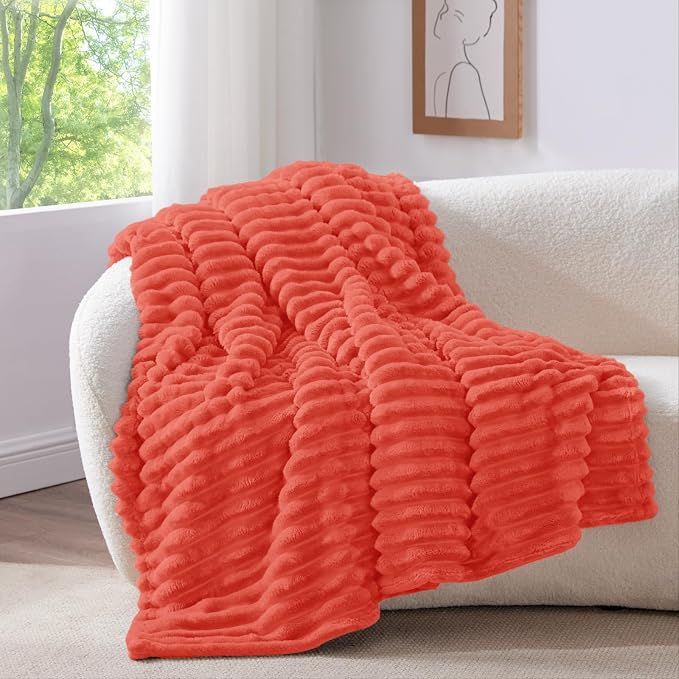 BEDELITE Ribbed Twin Blanket for Couch & Bed, Coral Red, Warm Yet Lightweight - Image 2