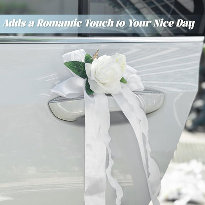 4PCS Wedding Car Door Handle Decorative Flowers, White Artificial Cars Bouquet Flower Bowknot Ribbon Decor, Just Married Automotive Decorations Accessories for Door Handles
