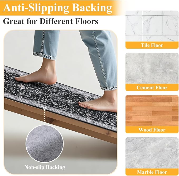HEBE Hallway Runner Rug 2'x6', Washable Non Slip Kitchen Rug Runner | Soft Boho - Image 3