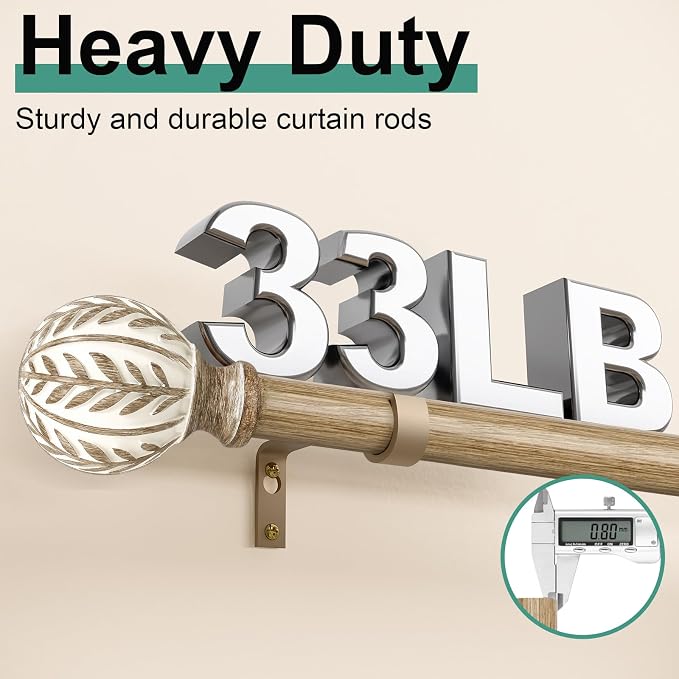 QDWIS Boho Wood Curtain Rods for Windows 48 to 84 inch, Rustic Decorative - Image 4