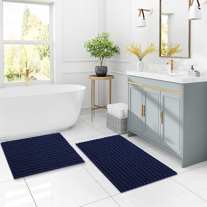 Arotive Luxury Chenille Bathroom Rug Mat, Extra Soft Thick Absorbent Shaggy Bath Rugs, Non-Slip Machine Wash Dry, Plush Bath Mats for Bathroom, Shower and Tub, 30x17, Navy