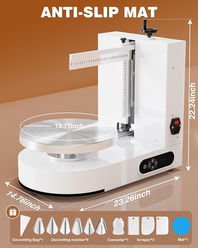 PYY Cake Decorating Machine - Automatic Cake Cream Spreading Machine for 4" to 14" Cake Icing Machine 60-320 RPM with Graduated Scrapers Electric Cake Turntable for Cake Frosting Machine White