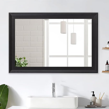 Black Wood Mirror for Bathroom, Rectangle Rustic 24 x 36 inch Vanity Mirror for - Image 2