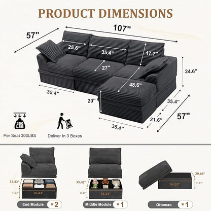 Upgrade Boneless Couch with Storage, Extra Deep&High Seat Modular Sectional - Image 3
