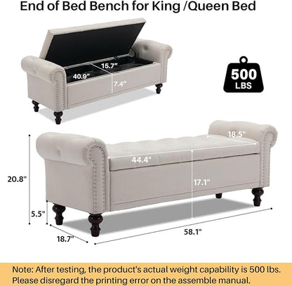 SOFTHION 58.1" Storage Bench Upholstered Linen End of Bedroom Bed Bench Ottoman - Image 2