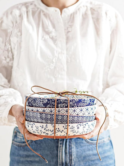 LE TAUCI Pasta Bowl 32 oz, Salad Bowl Serving Plate Bowls, Housewarming Wedding Present, Japanese-Style Ceramic Bowls for Pasta, Fruits, Salad, Noodle, Dinner - 8.2 Inch, Set of 4, Vintage Blue