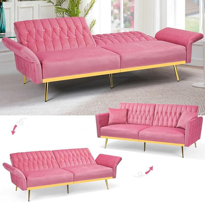 70” Velvet Futon Sofa Bed with 2 Pillows and Adjustable Armrests, Convertible - Image 4