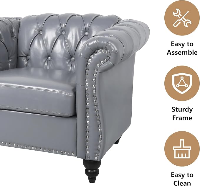 Chesterfield 3 Seater Sofa, Modern Leather Tufted Couch 3 Seater - Image 7