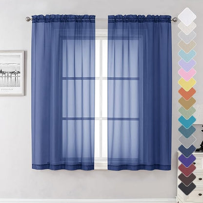 Royal Blue Sheer Curtains 63 Inch Length 2 Panels Set, Voile Solid Window by Lecloud