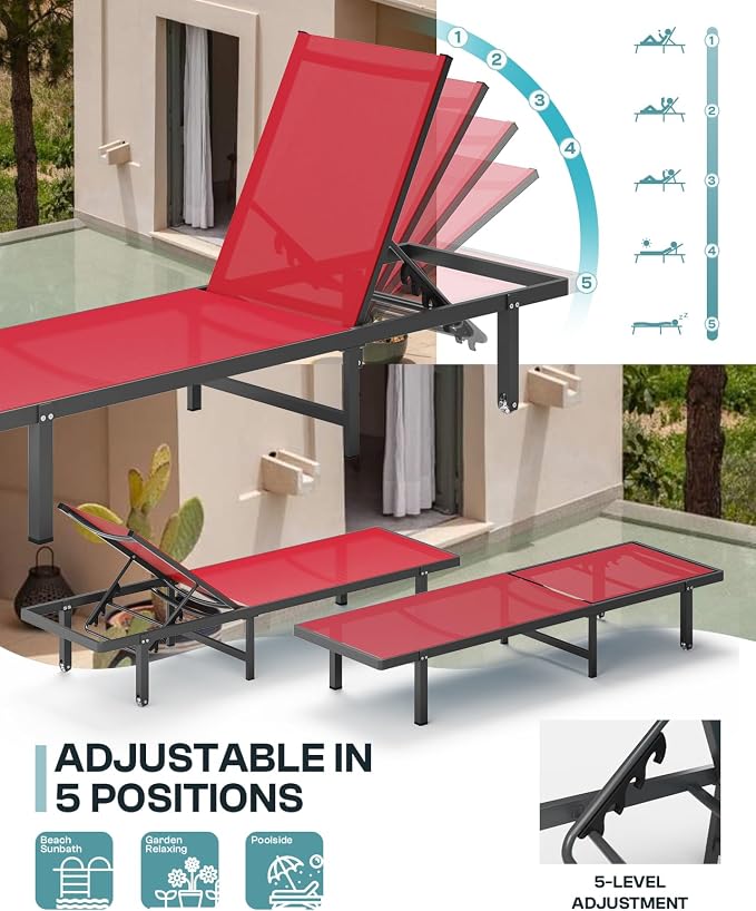 Lounge Chair Outdoor with Wheels, Aluminum Patio Chaise Lounge Chair with 5 - Image 4