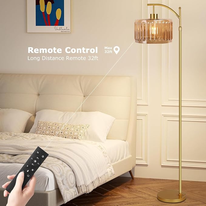 ILLMTW Glass Floor Lamp for Living Room, Dimmable Brass Tall Lamp Amber Flower - Image 4
