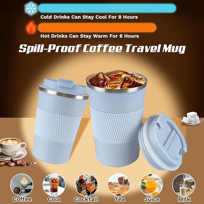 Vacuum-Insulated Stainless Steel Travel Coffee Mug, Leak-Proof Reusable Coffee Cup with Lid - Keep Hot & Cold Drinks for Hours, Durable Thermos Tumbler for Men & Women (3rd-Light Blue, 17OZ)