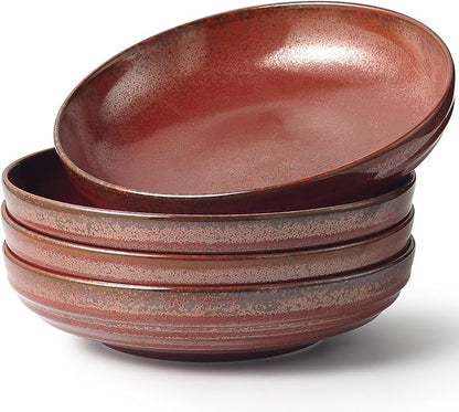 HAPPY KIT 9'' Large Pasta Bowls, 42 Oz, Stoneware Reactive Glaze Salad Bowl Set of 4, Ceramic Serving Bowls for Fruit,Soup,Noodle, Dinner, Scratch Resistant, Rust Red