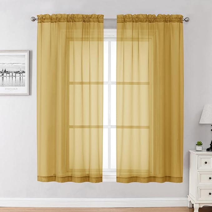 Chyhomenyc Gold Sheer Curtains 63 Inches Long 2 Panels, Light Filtering Bright by Chyhomenyc