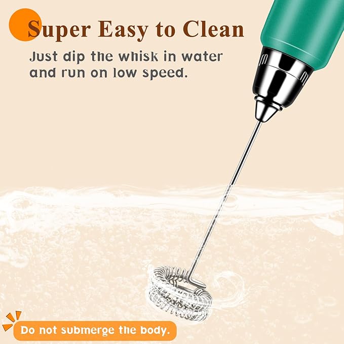 Milk Frother Handheld Rechargeable, Frother Wand Drink Mixer Electric Whisk for Coffee, Detachable With 3 Stainless Whisks, Hand Mixer for Lattes, Cappuccino, Matcha, Egg, No Stand, Green