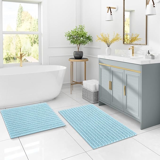 Arotive Luxury Chenille Bathroom Rug Mat, Extra Soft Thick Absorbent Shaggy Bath Rugs, Non-Slip Machine Wash Dry, Plush Bath Mats for Bathroom, Shower and Tub, 59x35, Blue