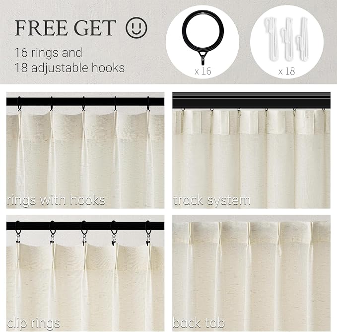 Topfinel 105 Inch Curtains 2 Panels Set, Two Packs Pinch Pleat Back Tab Linen - Image 2