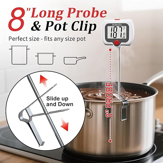 BOMATA Candy Thermometer with Pot Clip, Instant Read Cooking Thermometer with 8" Long Probe, Rotating Display, for Candy Making, Food, Candle Making, Liquids, Water, Baking, Sugar, Grilling. White