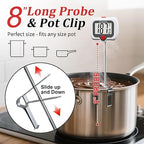 BOMATA Candy Thermometer with Pot Clip, Instant Read Cooking Thermometer with 8" Long Probe, Rotating Display, for Candy Making, Food, Candle Making, Liquids, Water, Baking, Sugar, Grilling. White