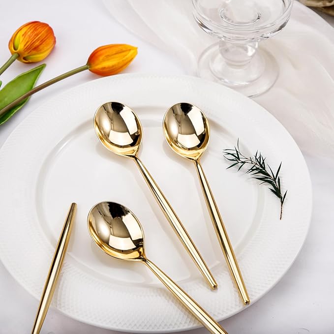 I00000 90 Pcs Gold Plastic Spoons,Disposable Silverware, Gold Plastic Cutlery, Heavy Duty Disposable Spoons Perfect for Parties, Wedding & Dinners