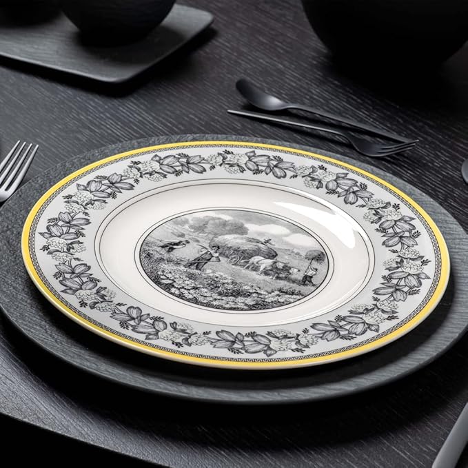 Villeroy & Boch Audun Ferme Dinner Plate, 10.5 in, Premium Porcelain, White/Grey/Yellow