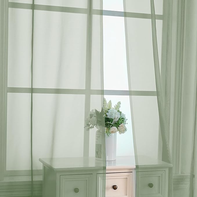 Light Green Sheer Curtains 63 inch Length 2 Panels Set - Image 3
