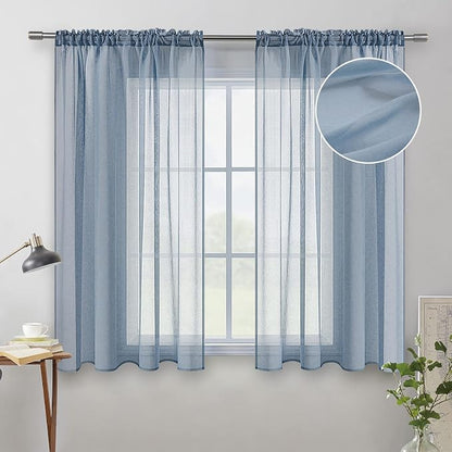 MIULEE Dusty Blue Linen Textured Semi-Sheer Curtains 54W×63L 2 Panels | Semi by MIULEE