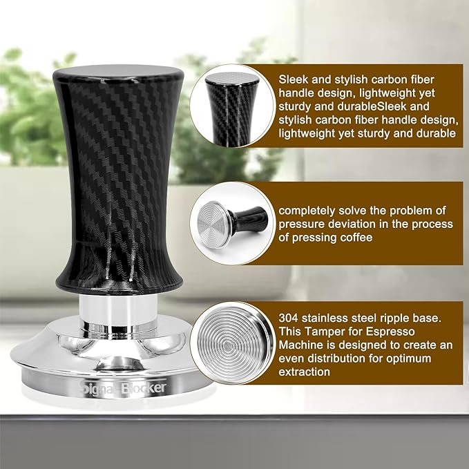 53mm Espresso Coffee Tamper for Espresso Machine: Calibrated Spring Loaded & Stainless Steel Ripple Base - Carbon Fiber Handle with Constant 30lb Fits All 54mm Portafilters | Bundle Including WDT Tool