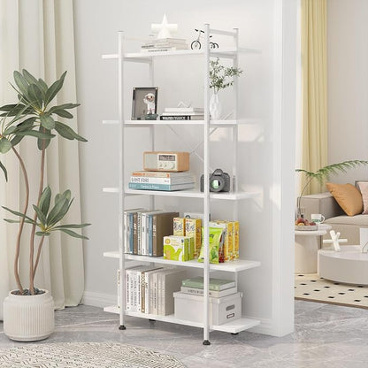 Bookshelf 5 Tiers White Wooden Storage Shelf, Modern Open Display Storage - Image 6
