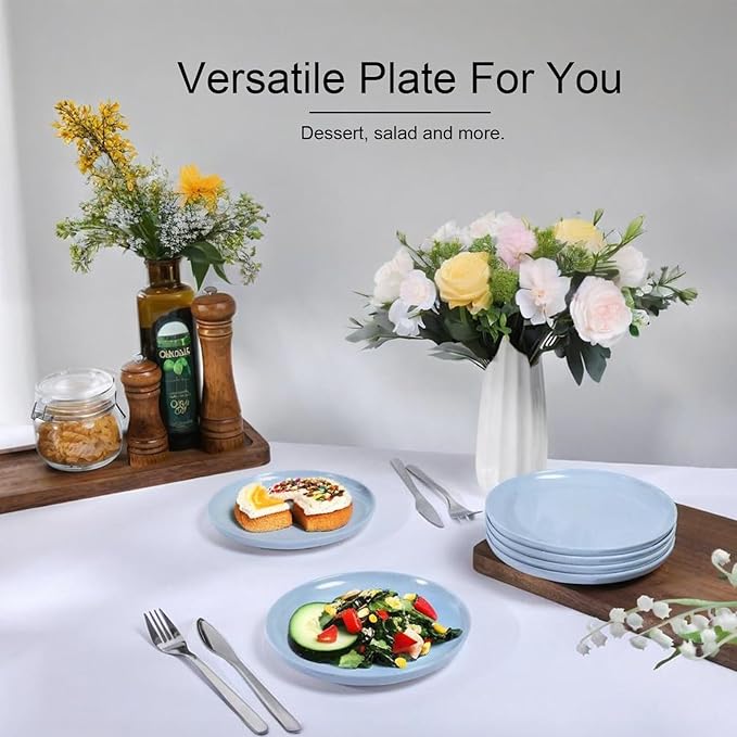 Webbylee Melamine Dessert Plates Set of 6-7.5" Serving Durable Dishes Perfect for Kitchen Outdoor Use,Durable Small Plates for Salad-Blue & Beige