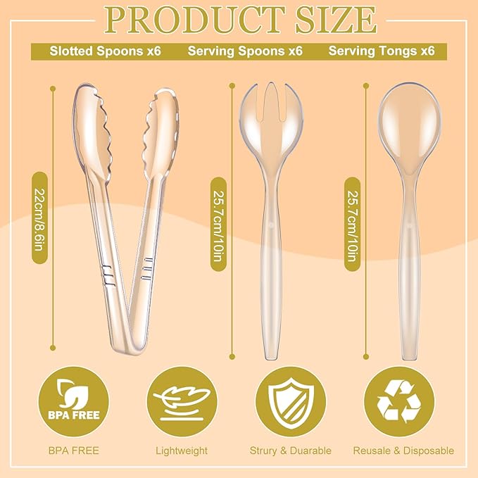 Dualshine 24 Pcs Disposable Clear Plastic Serving Utensils, 8 Set Including Plastic Serving Spoons, Tongs, and Forks for Dinner Parties, Buffets, Banquets, Events, Weddings, and Daily Use