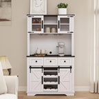 Coffee Bar Cabinet with Sliding Barn Doors 71'' Farmhouse White Pantry Cabinet with Drawers & Wine Glass Rack Rustic Buffet Cabinet for Kitchen, Black
