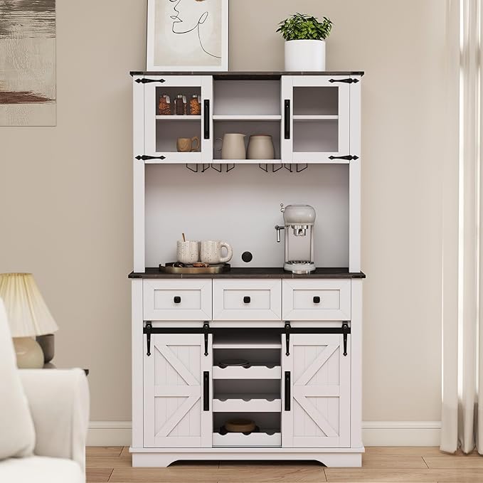 Coffee Bar Cabinet with Sliding Barn Doors 71'' Farmhouse White Pantry Cabinet with Drawers & Wine Glass Rack Rustic Buffet Cabinet for Kitchen, Black