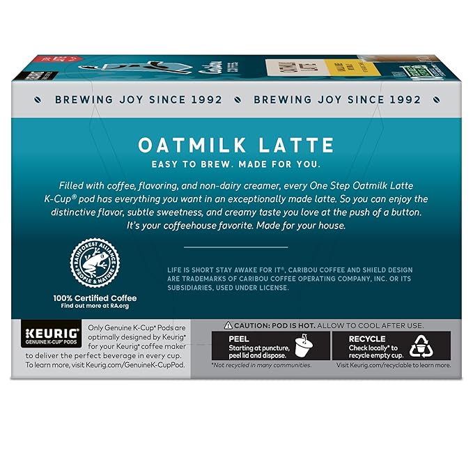 Caribou Coffee Vanilla Vibes Oatmilk Latte, One Step Latte Single Serve Keurig K-Cup Pods, 60 Count (6 Packs of 10)