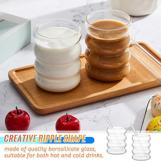 Tessco for you 4 Pcs Creative Glass Cups Vintage Drinking Glasses Ribbed Glassware Aesthetic Cup Entertainment Dinnerware Glassware with Straws Set for Kitchen Coffee Beverage(13.5 oz,Clear)