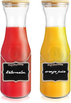 Glass Carafe with Bamboo Lid,35 Oz Beverage Dispensers Carafe,Mimosa Bar Supplies,Juice Bottles, Clear Glass Pitcher with Name Labels for Iced Tea,Coffee,Juice(Pack of 2)